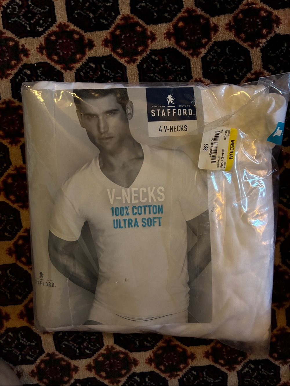 Stafford Men’s White V-Neck 4-Pack Cotton Undershirts